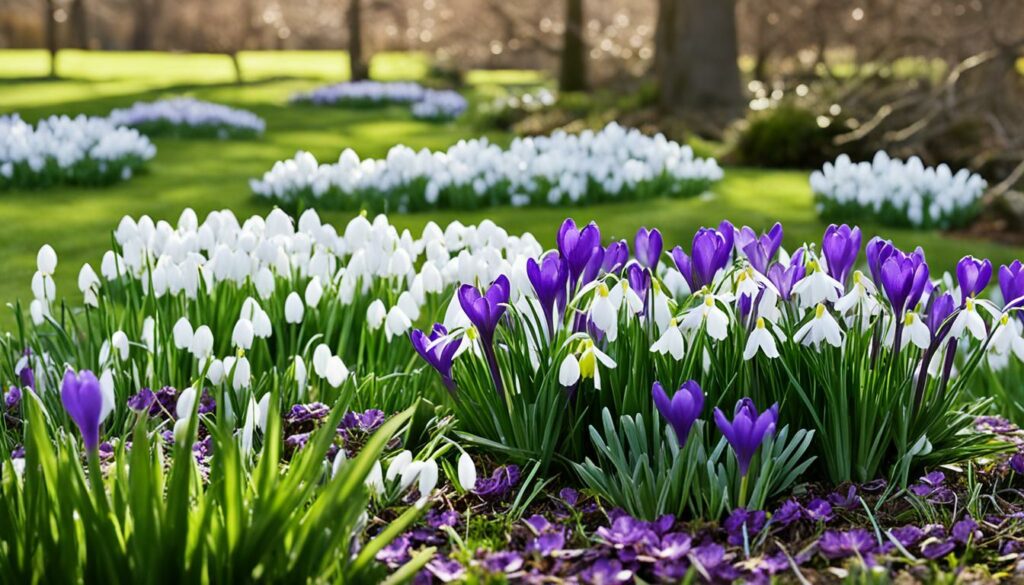 Krokusse und Schneeglöckchen im Garten